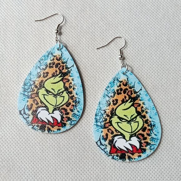 The Grinch Earrings, Christmas Holiday Festive Earrings, Teardrop Earrings - Picture 2 of 2